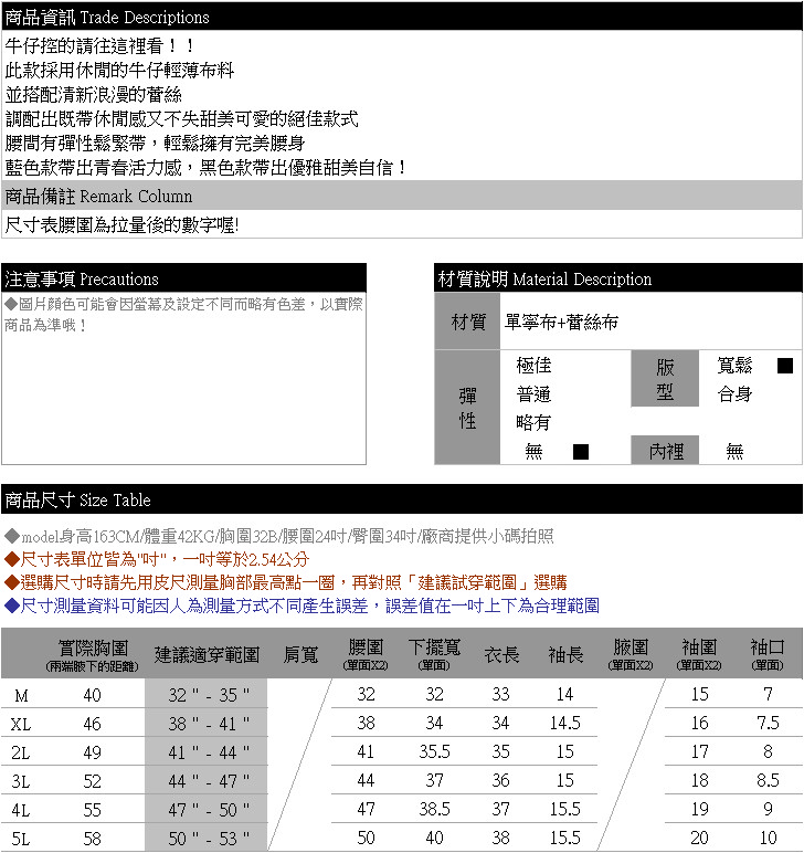 洋裝--輕甜清新風情縷空蕾絲繡花網紗拼接排釦鬆緊收腰單寧洋裝(黑.藍XL-5L)-D405眼圈熊中大尺碼★