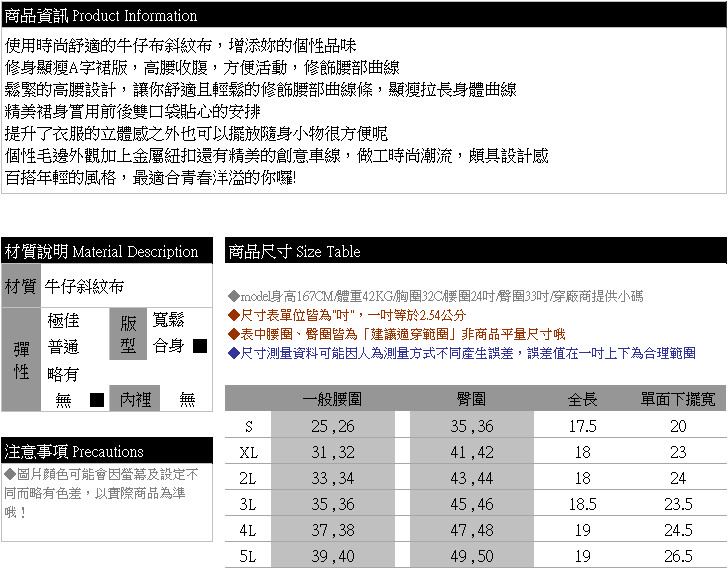 牛仔裙--休閒百搭個性毛邊鈕扣高腰鬆緊口袋A字牛仔短裙(藍XL-5L)-Q98眼圈熊中大尺碼◎