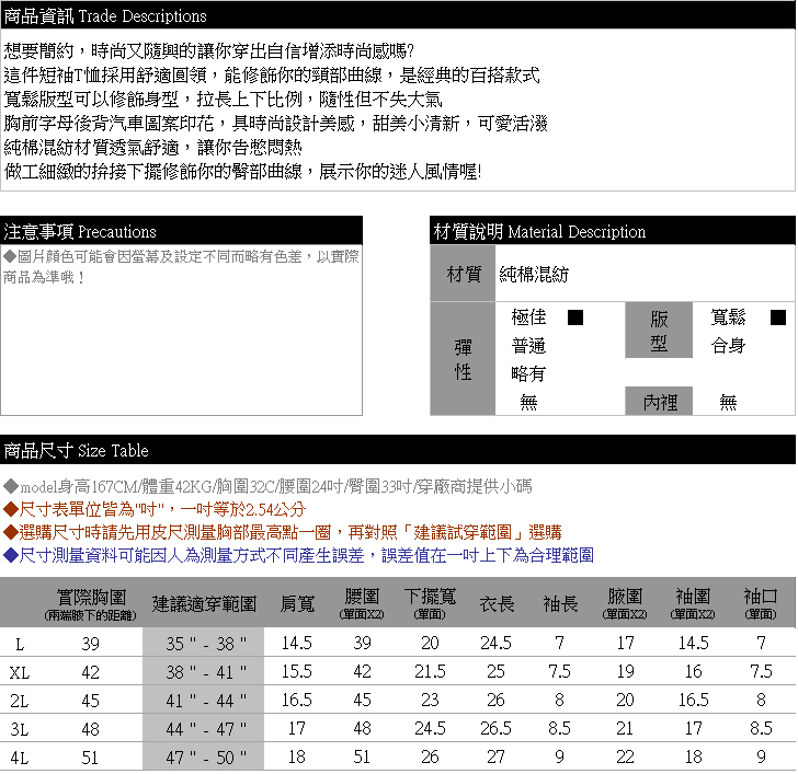 T恤--休閒舒適汽車字母前後印花寬鬆修身拼接下擺短袖棉T(白.黑L-4L)-T331眼圈熊中大尺碼