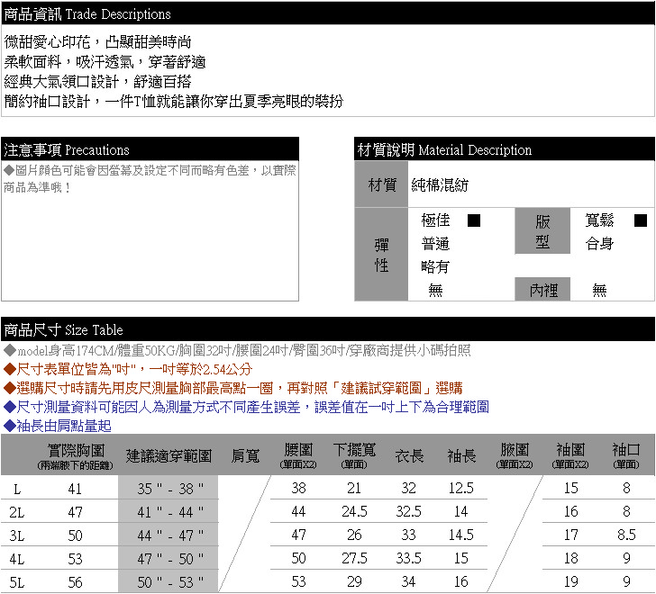 圓領T--微甜休閒愛心印花休閒圓領短袖T恤(白.黑XL-5L)-T404眼圈熊中大尺碼◎