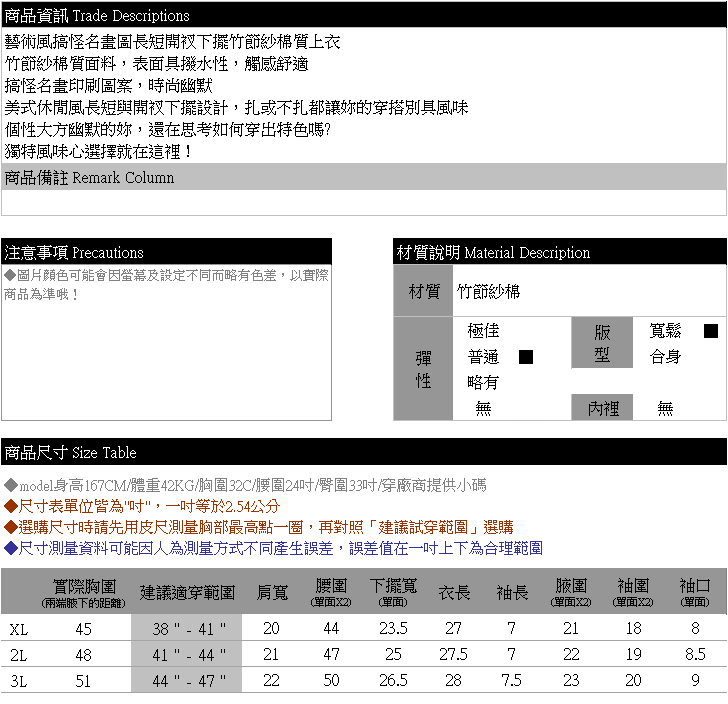 短袖衣服--藝術風搞怪名畫圖長短開衩下擺竹節紗棉質上衣(粉.藍XL-3L)-U454眼圈熊中大尺碼