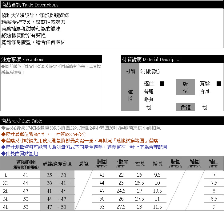 韓版--氣質典雅大方V領線條後背交叉荷葉袖寬鬆棉質上衣(黑XL-4L)-U573眼圈熊中大尺碼◎